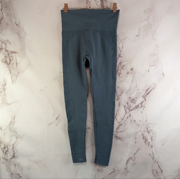 Set Active Leggings Womens XS Blue Seamless Crop Ankle High Rise Ribbed - Picture 5 of 12